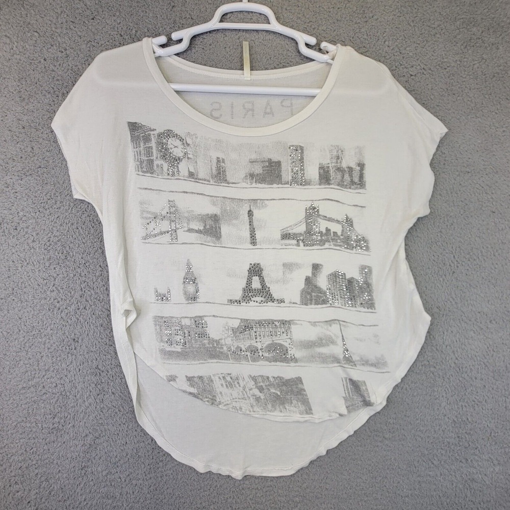 Occasions Women's Shirt Top Size Large White‎ Cropped Rhinestone Paris LA NY
